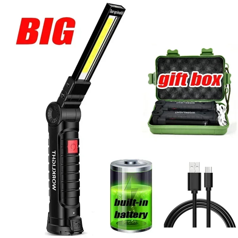 Linterna LED plegable portátil, imán potente, luz de trabajo COB, recargable tipo C, reflector de emergencia, linterna de camping para exteriores