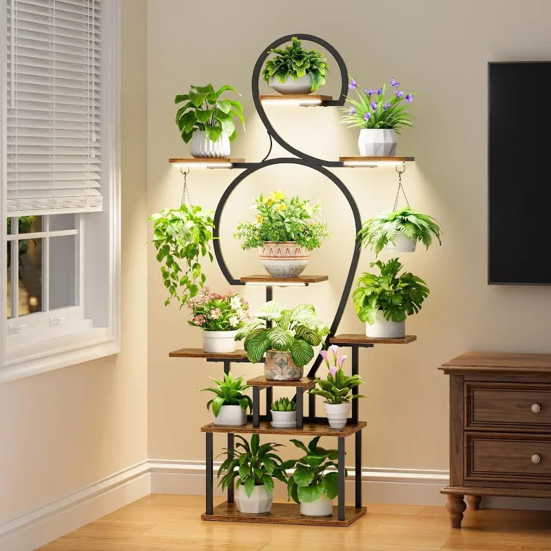 Soporte de flores con luz de crecimiento interior, estante de almacenamiento de plantas verdes para balcón o sala de estar, de hierro forjado multicapa