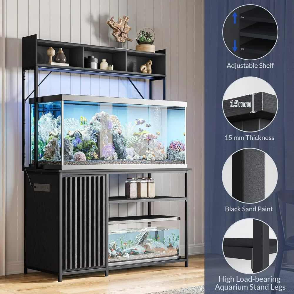 Mueble de 208-340 litros para acuario con luces LED, gabinete estriado para guardar accesorios de pecera, metal de alta resistencia y tomas de corriente