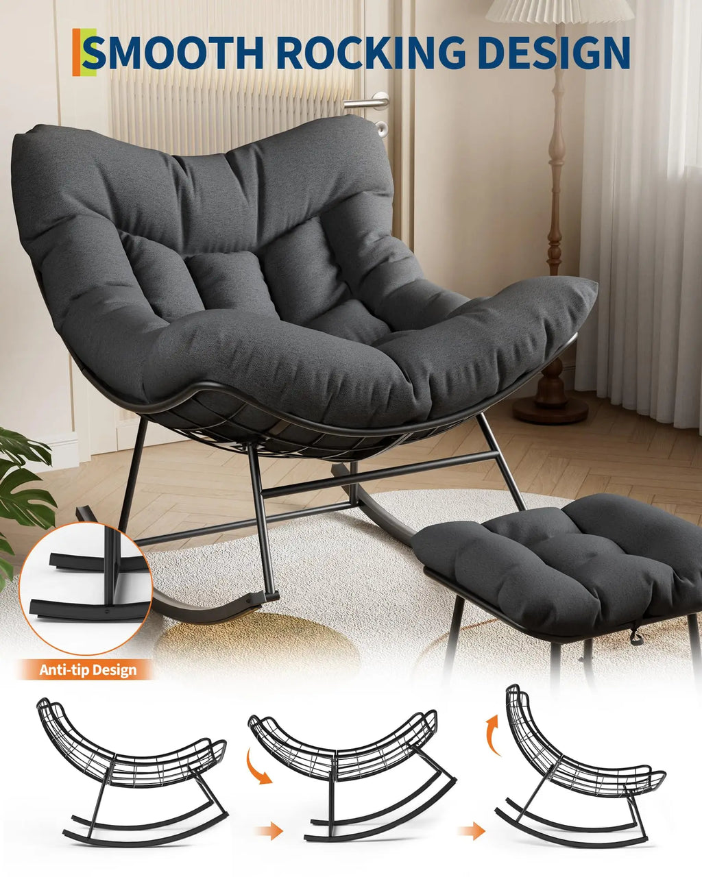Mecedora Papasan extragrande con otomana, mecedora tipo huevo para exteriores para porche, balcón, patio trasero, alta resistencia, capacidad de 204 kg