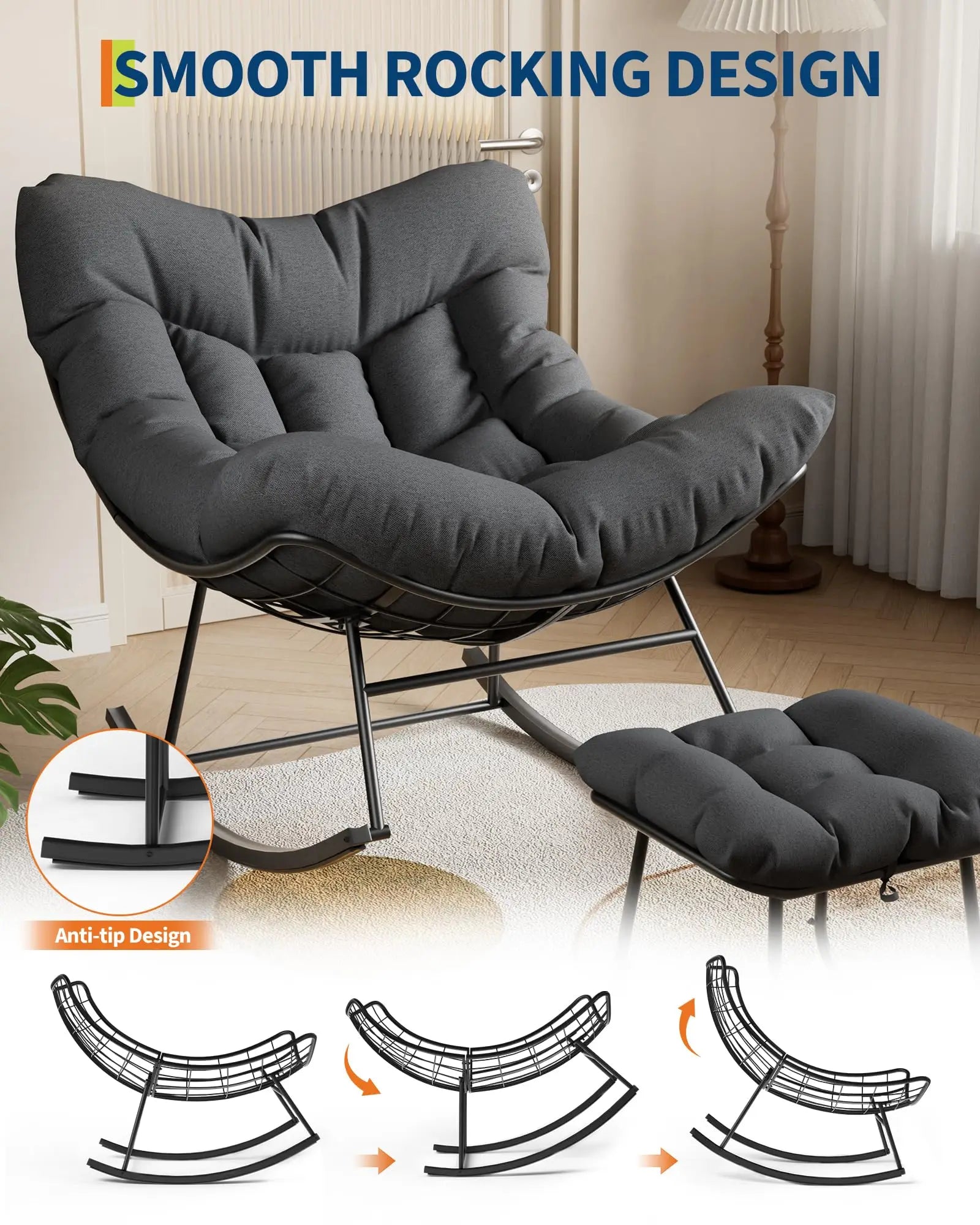 Mecedora Papasan extragrande con otomana, mecedora tipo huevo para exteriores para porche, balcón, patio trasero, alta resistencia, capacidad de 204 kg