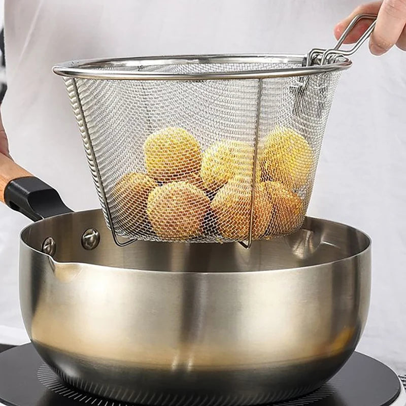 Cesta coladora para freír patatas fritas de acero inoxidable, cesta redonda para freír, malla de alambre con asa, colador de alambre