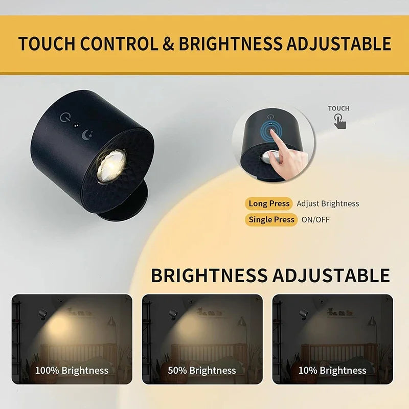 Lámpara de pared LED de doble cabezal, control táctil remoto, giratoria 360°, recargable USB, inalámbrica, portátil, luz nocturna para dormitorio, lámpara de lectura