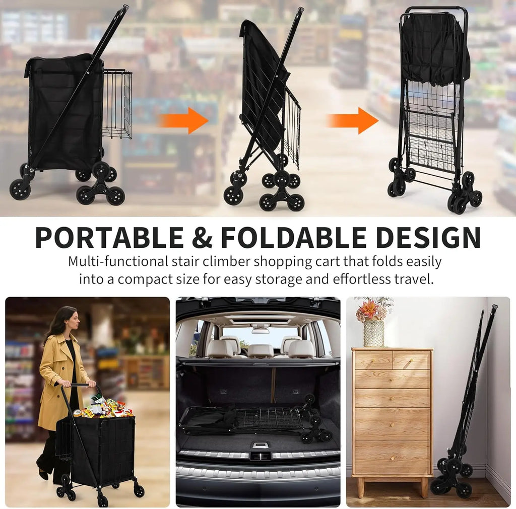 Carro utilitario plegable portátil para subir escaleras, carrito de compras con ruedas traseras triples y ruedas giratorias 360° para compras