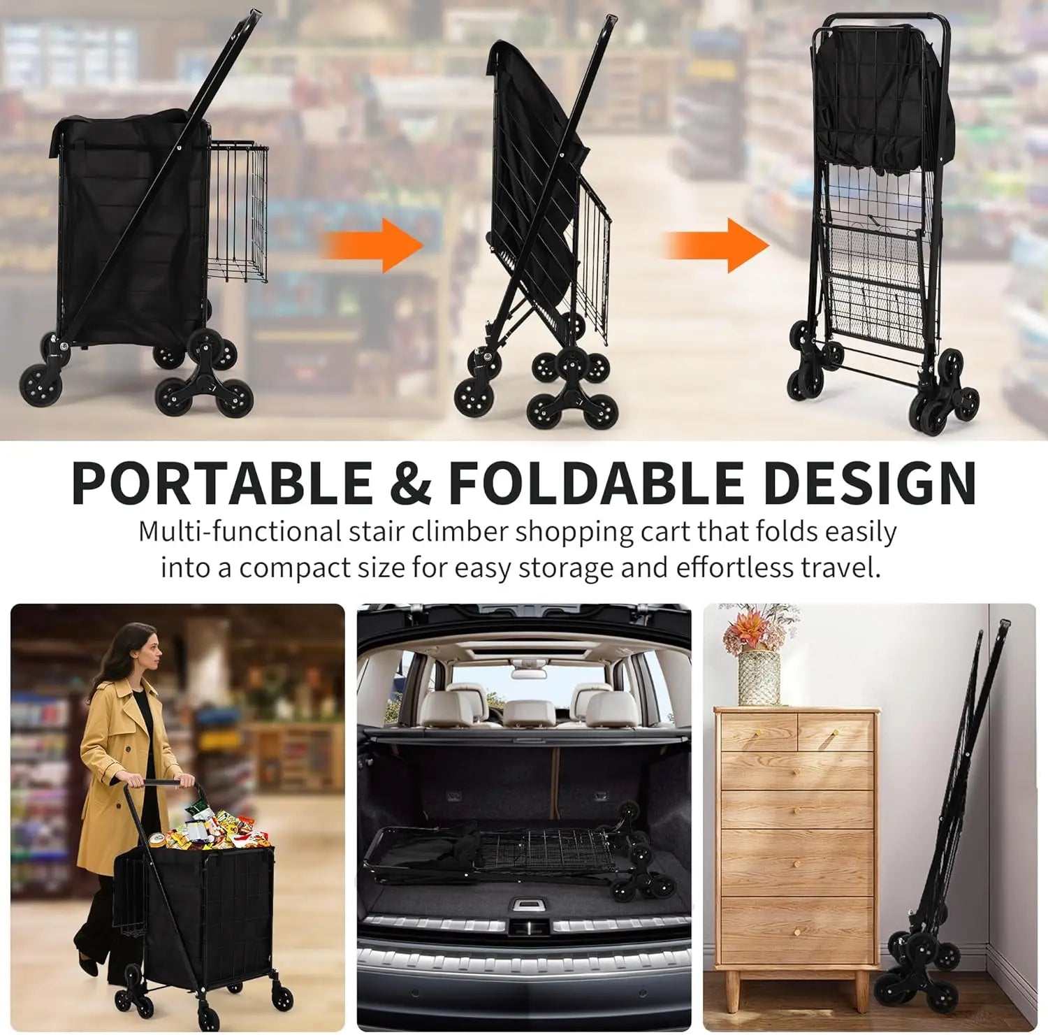 Carro utilitario plegable portátil para subir escaleras, carrito de compras con ruedas traseras triples y ruedas giratorias 360° para compras