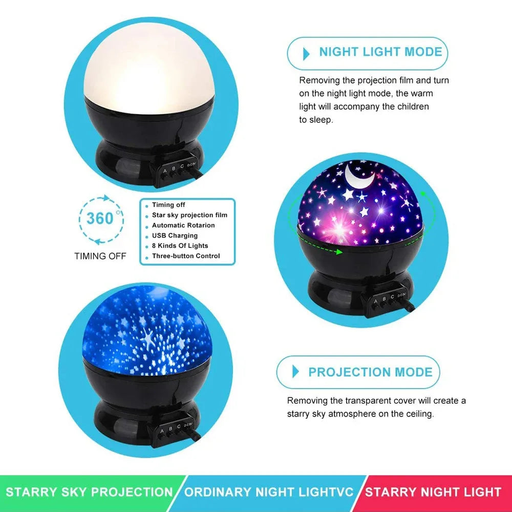 Lámpara de proyector de estrellas, luces nocturnas divertidas para niñas y niños, proyector LED giratorio de cielo estrellado y luna para decoración de habitación infantil