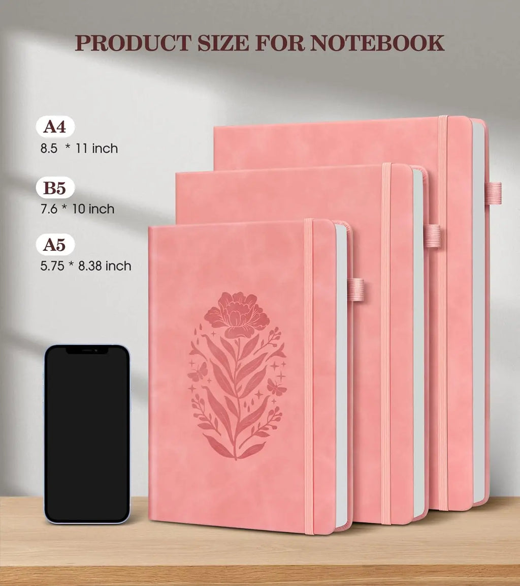 Cuaderno de piel con tapa dura A5 rosa para mujer, 200 páginas rayadas con cierre elástico, perfecto para escribir y viajar