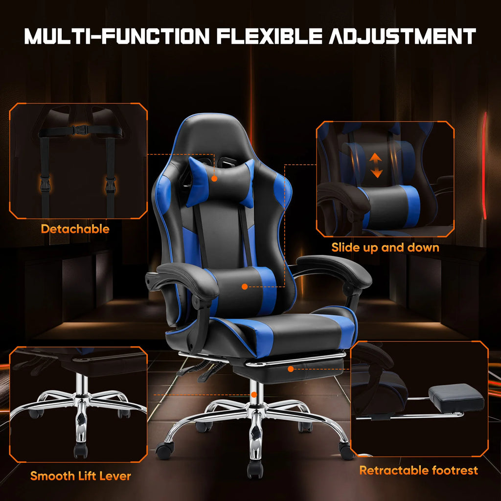 Silla de carreras ergonómica JHK para juegos, giratoria, ajustable, de cuero PU, con reposacabezas y soporte lumbar para oficina, computadora, sala de estar
