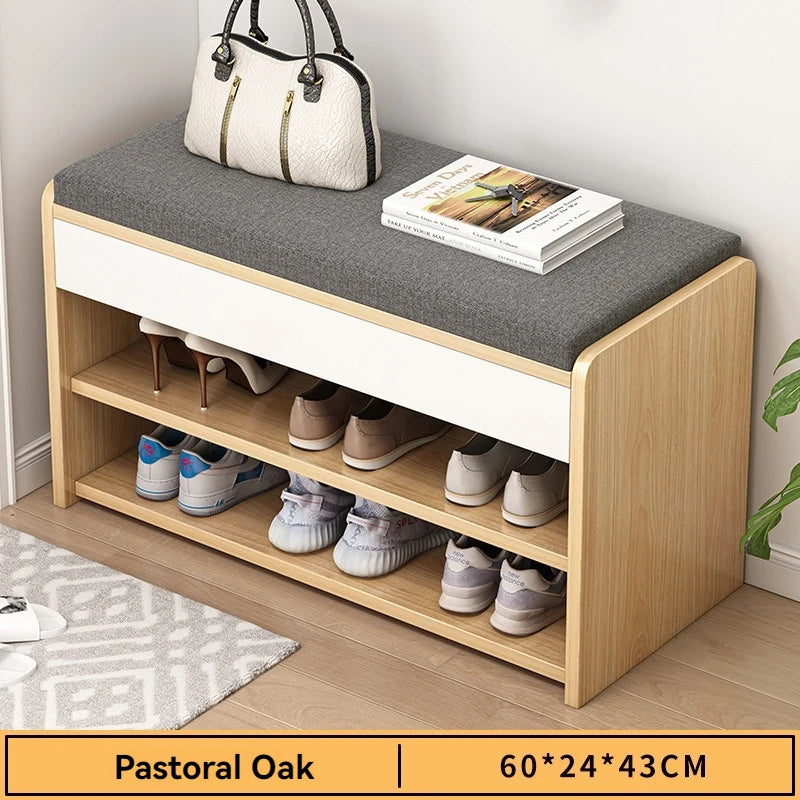 Panel de entrada, vestíbulo, taburete para calzado, entrada con asiento, taburete largo, zapatero, zapatero integrado
