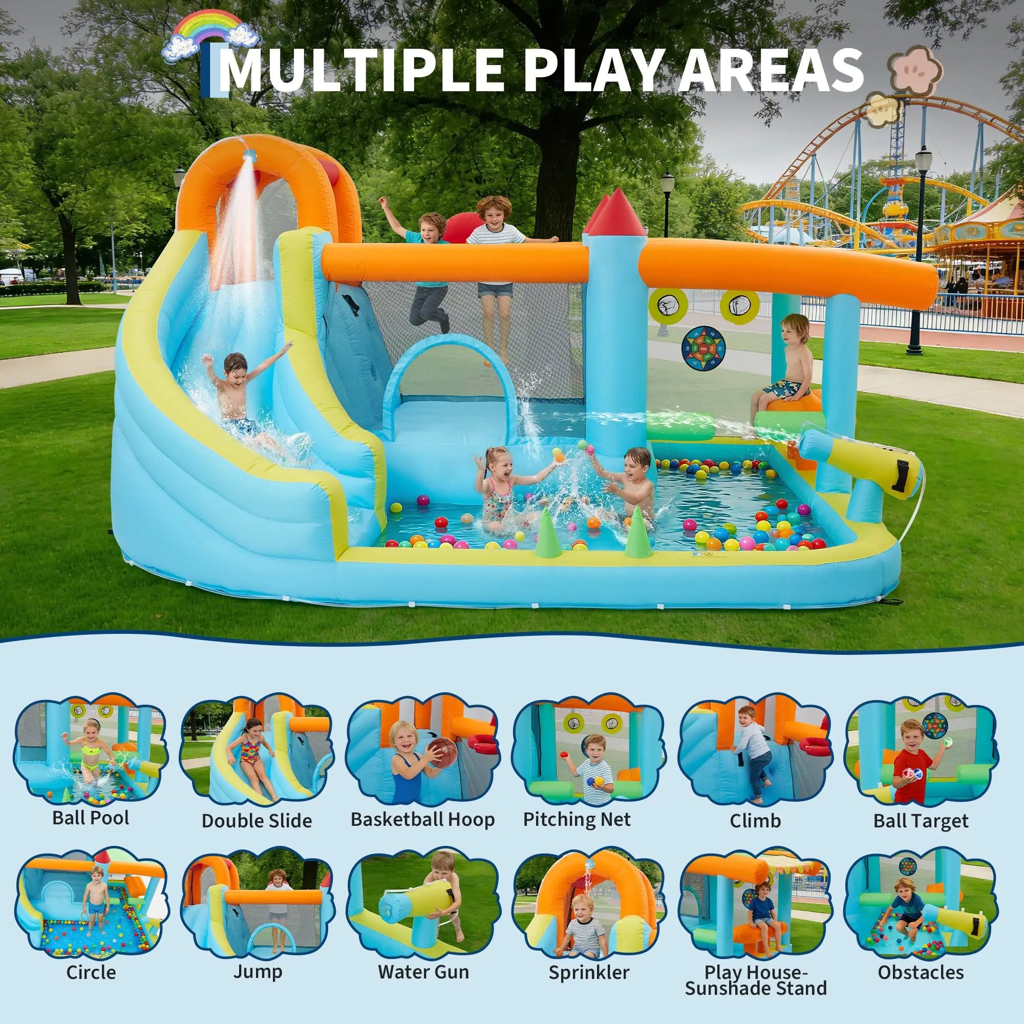 Castillo inflable de 14x10 pies, tobogán acuático húmedo y seco 12 en 1 con soplador de 450 W, castillo hinchable para niños para interior, exterior y jardín