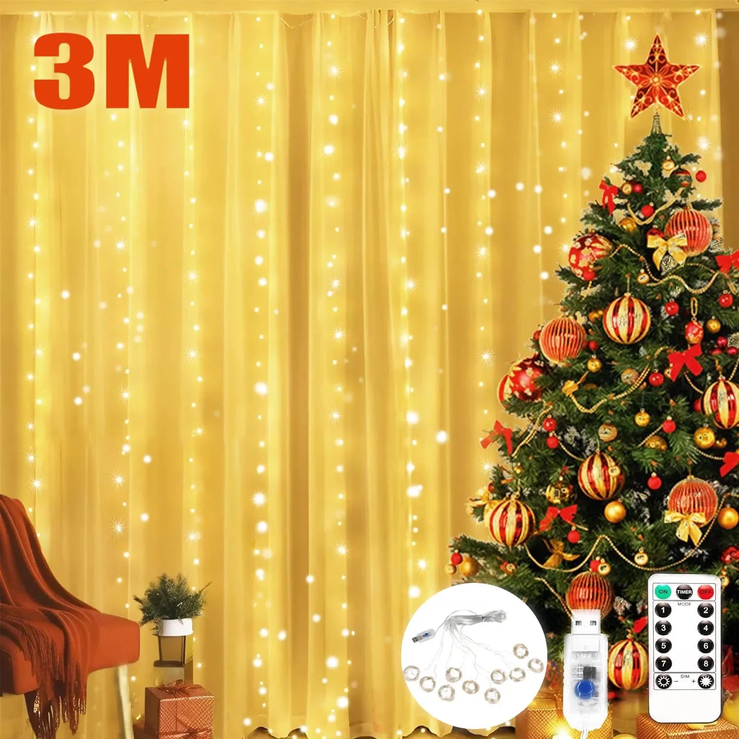 Luces de hadas LED tipo cortina de guirnalda 3M, luces de cadena, fiesta de Navidad, boda, decoración, USB, control remoto, 8 modos, iluminación de cascada