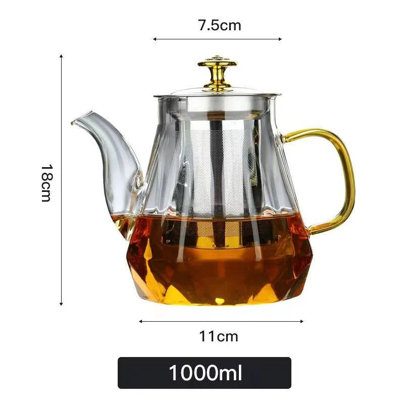 JUSTINLAU Tetera de vidrio resistente al calor, borosilicato transparente, teteras con infusor de acero inoxidable extraíble, juego de utensilios para té