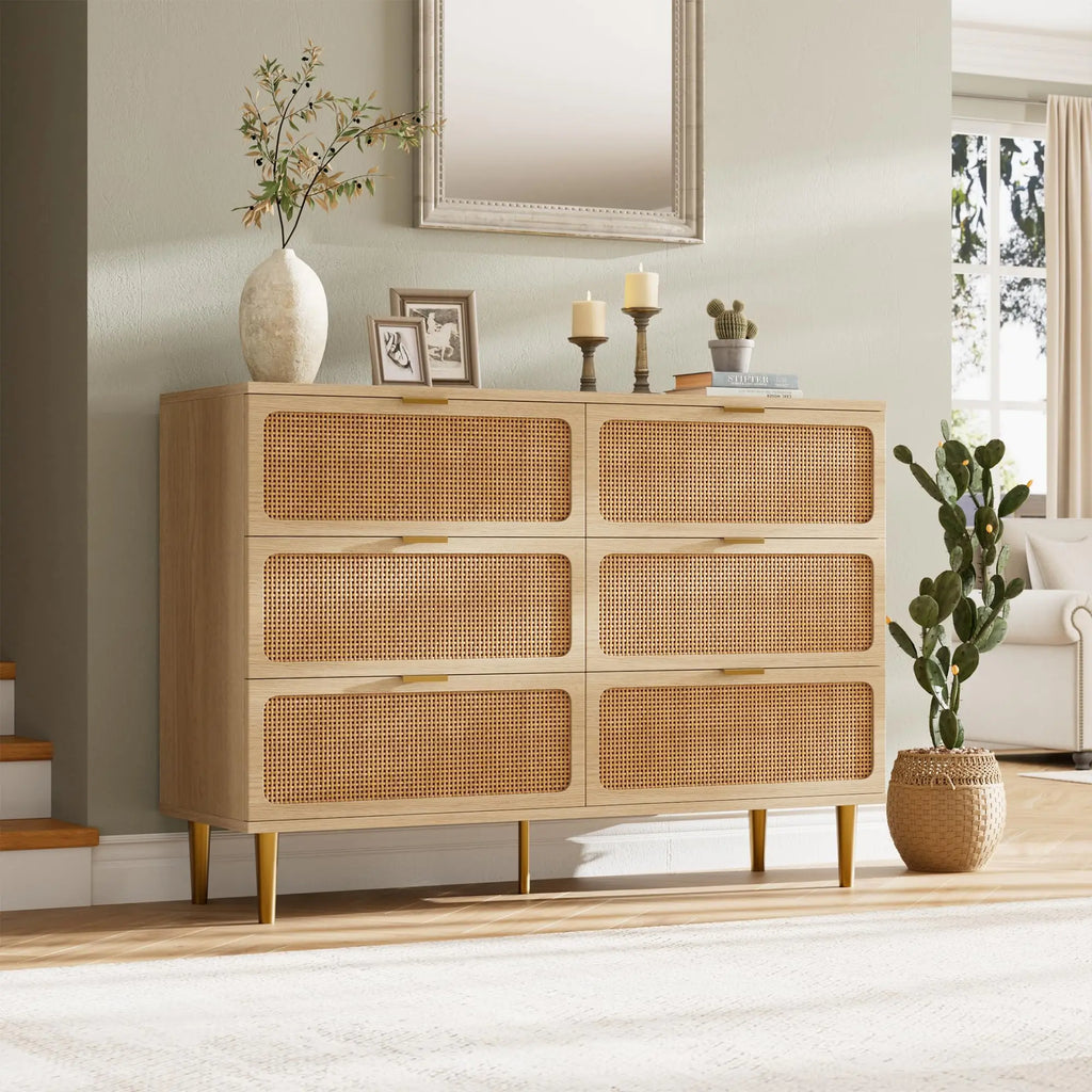 Cómoda de ratán de 6 cajones, cómoda de almacenamiento grande de ratán natural tejido a mano y madera con cajones profundos para dormitorio o sala de estar