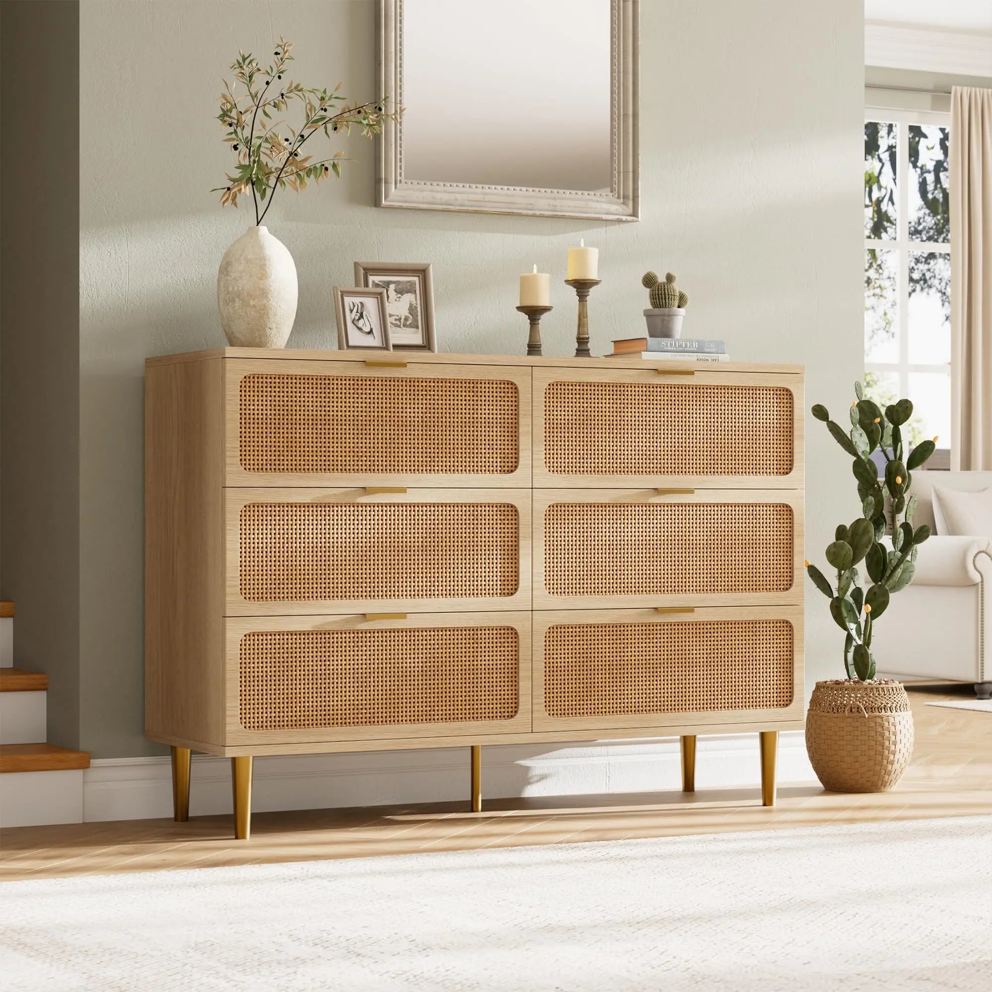 Cómoda de ratán de 6 cajones, cómoda de almacenamiento grande de ratán natural tejido a mano y madera con cajones profundos para dormitorio o sala de estar