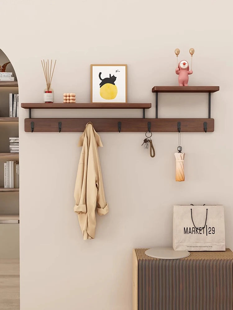 Solid wood clothes hook, multifunctional coat hook on the entrance entrance wall, key hook, wall mounted non perforated row hook