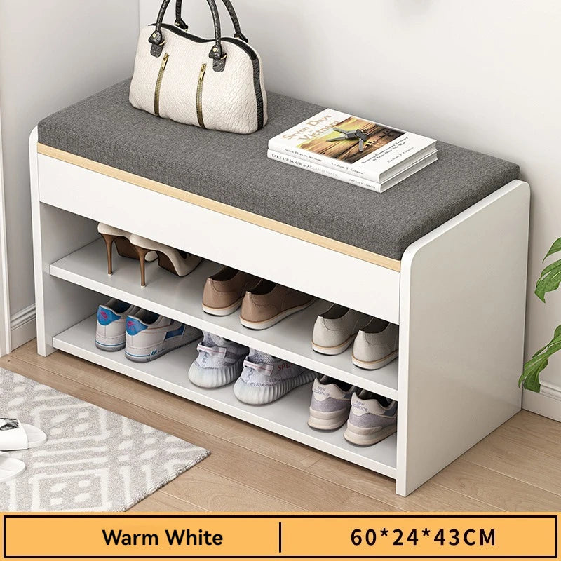 Panel de entrada, vestíbulo, taburete para calzado, entrada con asiento, taburete largo, zapatero, zapatero integrado