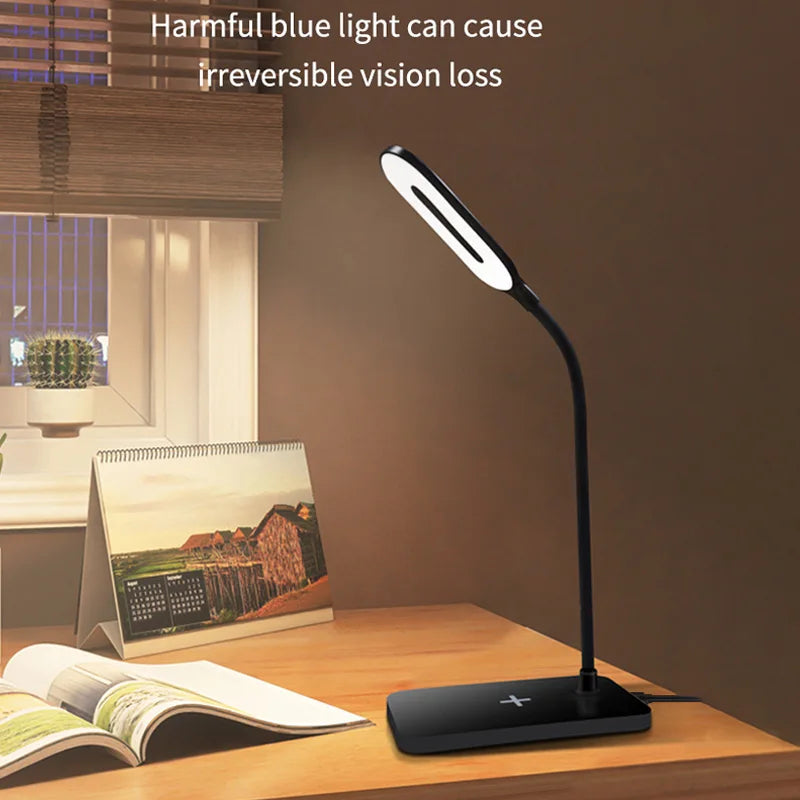 Lámpara de escritorio LED con carga inalámbrica USB para teléfono móvil, táctil, protección ocular, lámpara de mesa para oficina en casa
