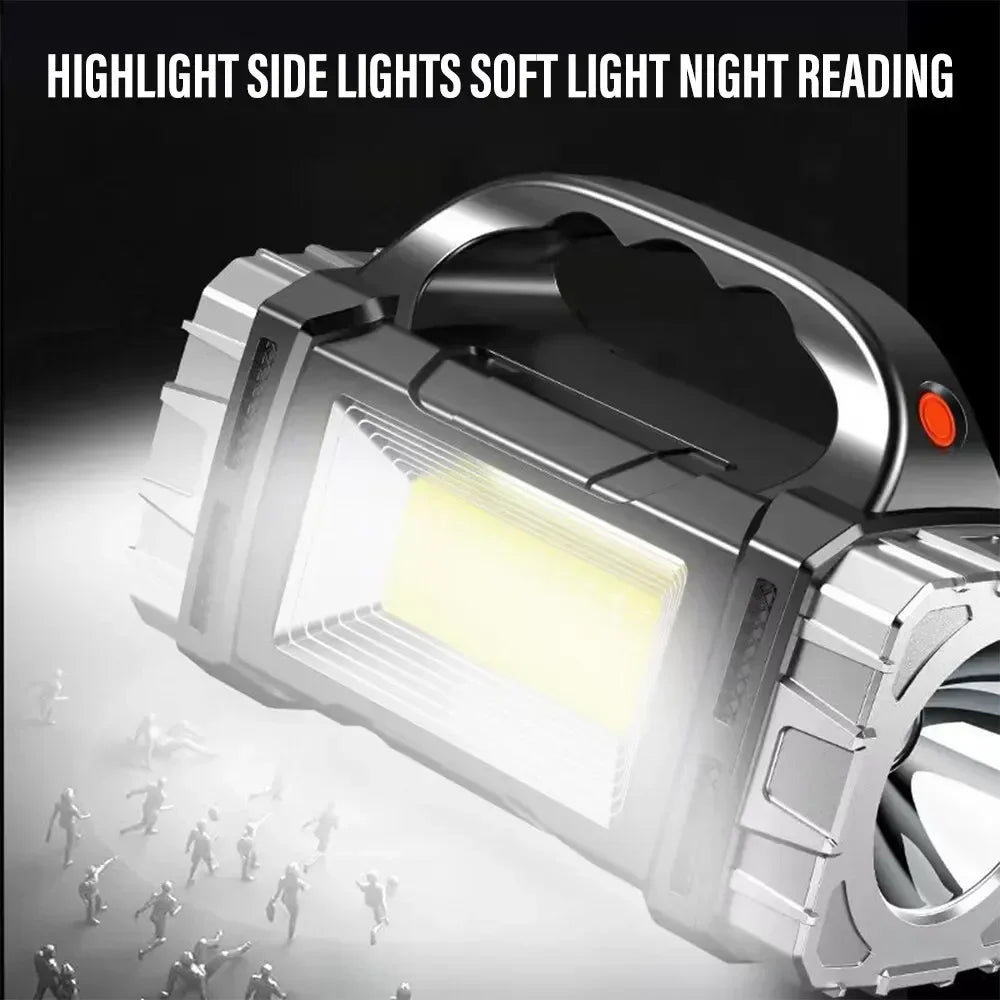 Linternas portátiles potentes recargables por USB con luz LED solar y luz de trabajo COB de 4 marchas para cargar teléfonos móviles y lámparas de camping.