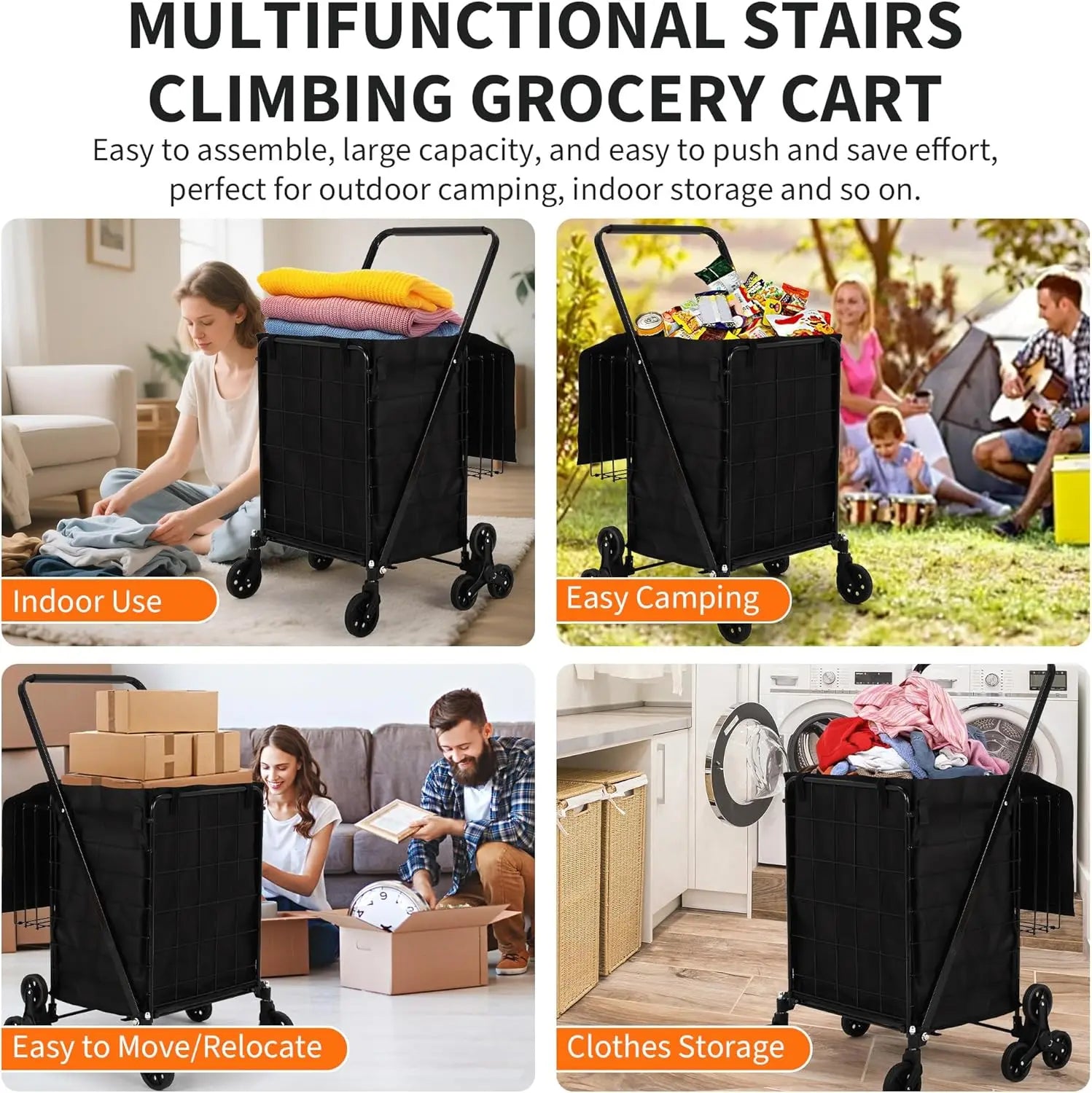 Carro utilitario plegable portátil para subir escaleras, carrito de compras con ruedas traseras triples y ruedas giratorias 360° para compras
