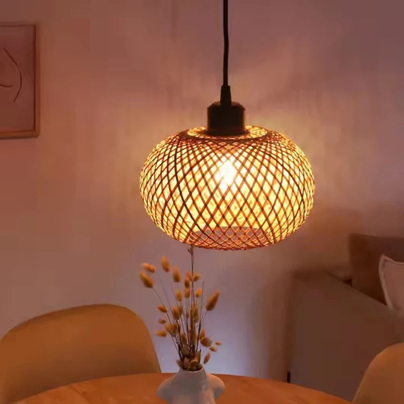 Lámpara colgante de bambú retro, araña tejida, lámpara colgante de ratán hecha a mano, accesorio de iluminación interior para restaurante y comedor