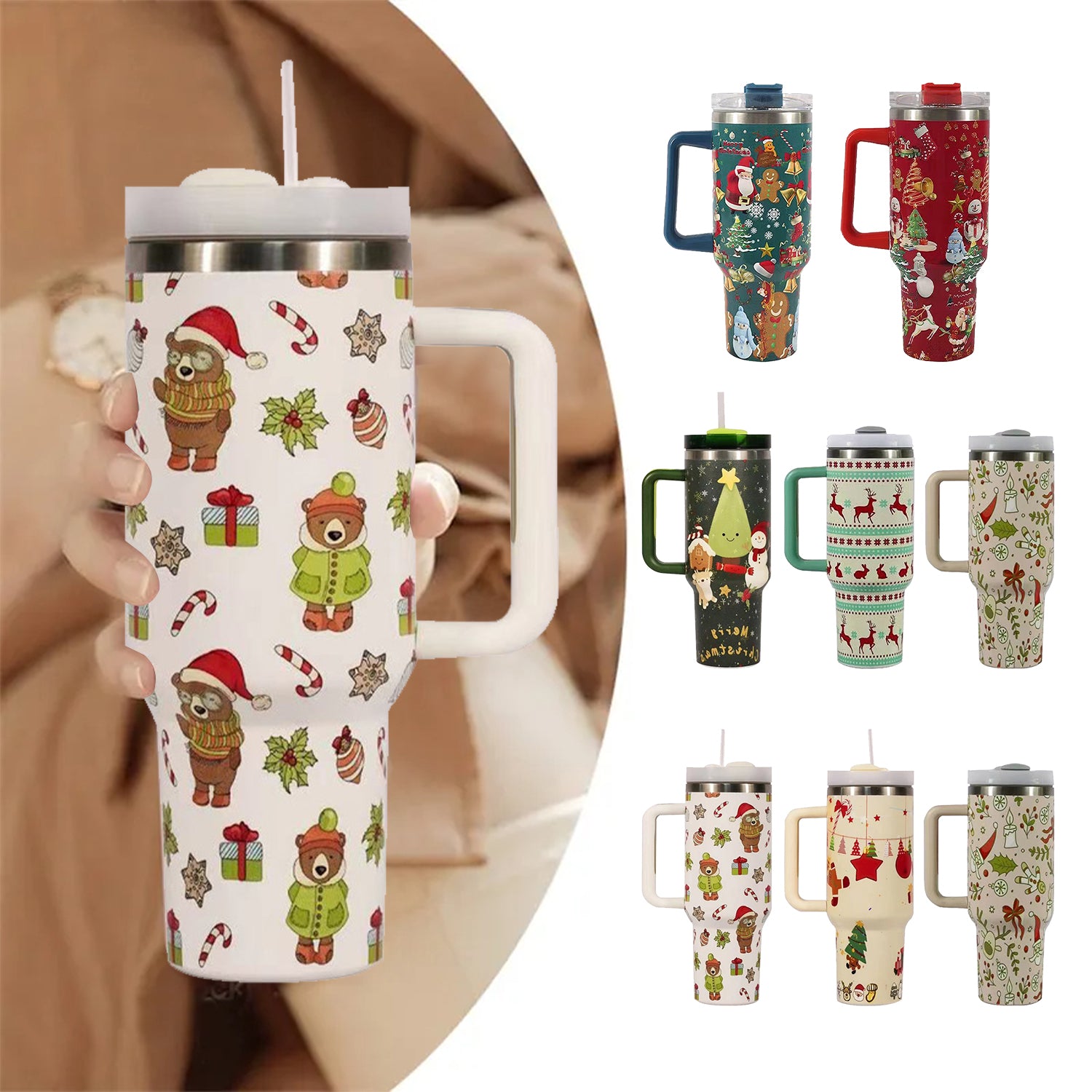 Taza de café de viaje para coche, de gran capacidad, de acero inoxidable, con pajita, tapa, asa, nueva, con diseño navideño
