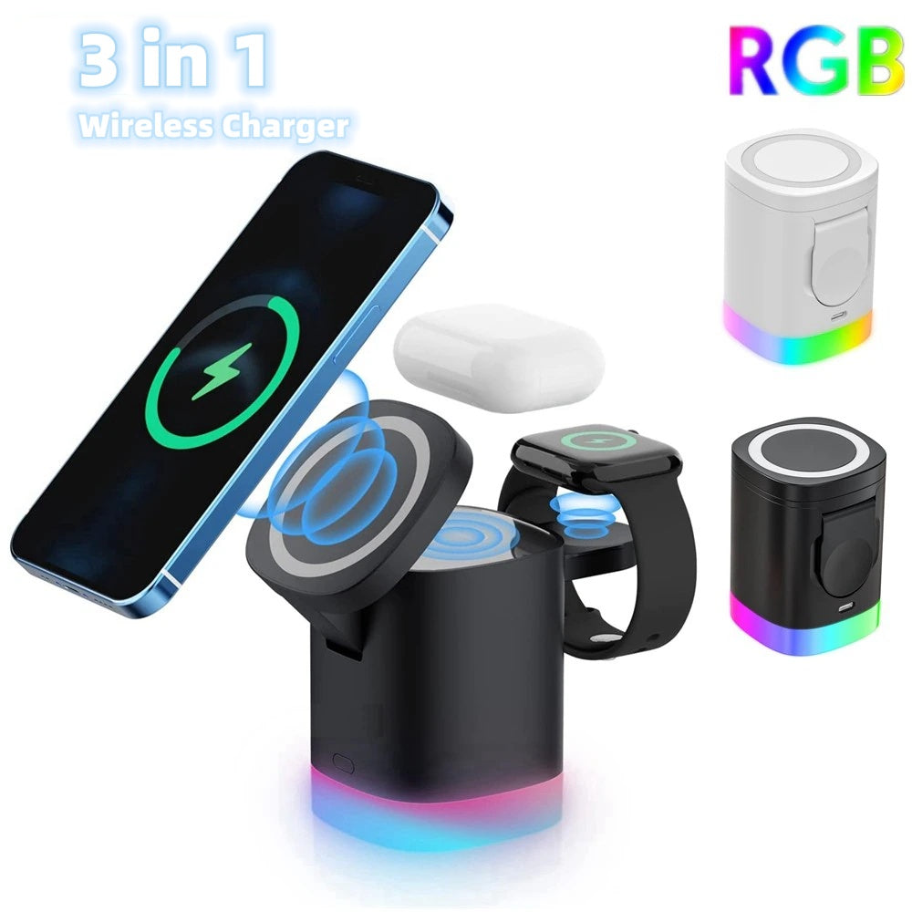 Cargador rápido inalámbrico magnético 3 en 1 para smartphone, estación de carga con luz ambiental RGB para AirPods y iWatch