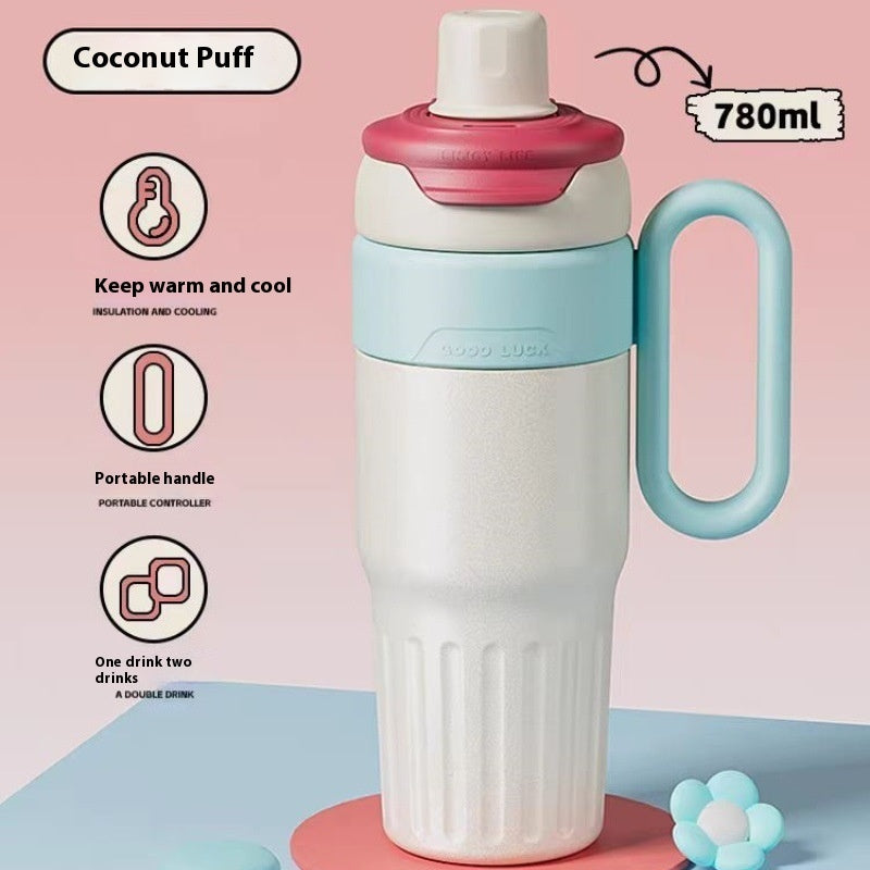Taza térmica de doble bebida degradada de 780 ml de acero inoxidable con tapa, taza de café, termo, vaso de gran capacidad con pajita para hombre y mujer