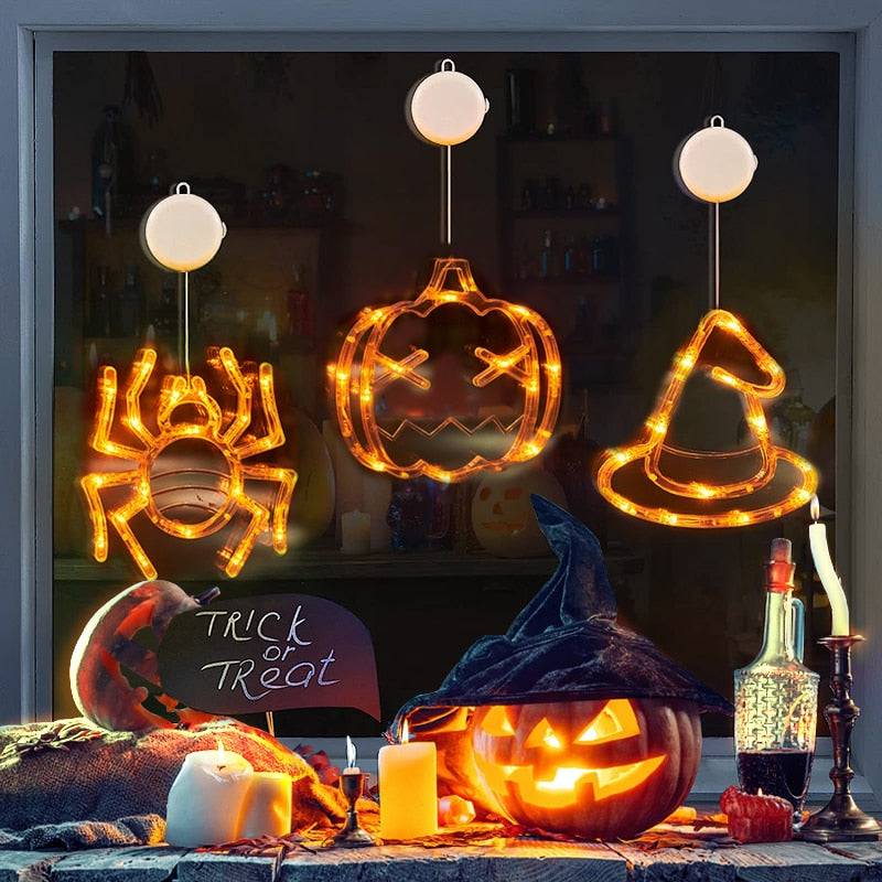 Luces LED colgantes de Halloween para ventana, araña, calabaza, fantasma colgante, luces de atmósfera de terror, luces decorativas para fiestas navideñas, decoración del hogar