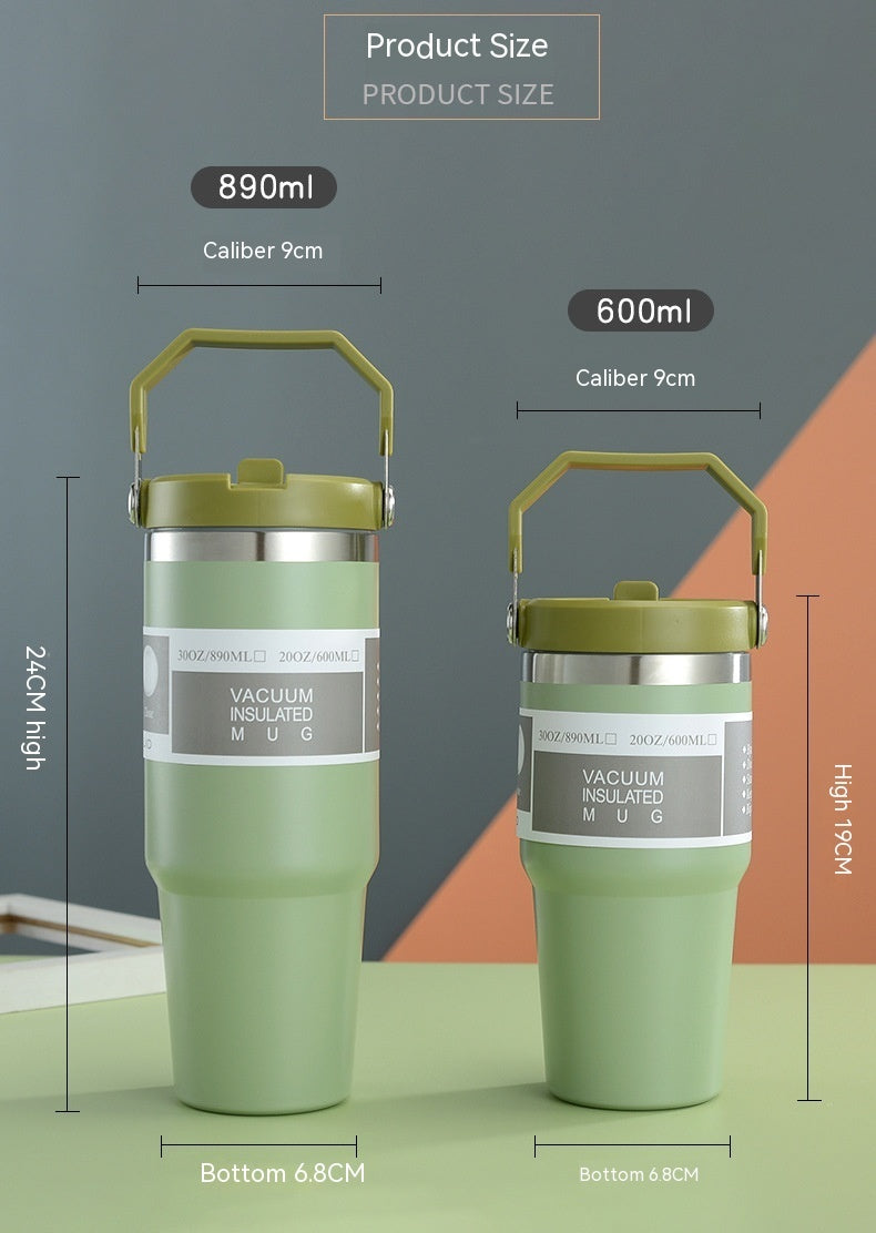 Vaso portátil de acero inoxidable para coche, botella de agua deportiva de viaje con asa, taza de café con tapa