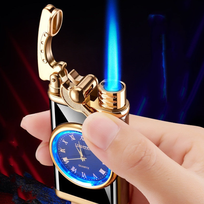 Nuevo encendedor con brazo oscilante de reloj eléctrico, encendido automático, llama azul recta, encendedor creativo con esfera real, recargable a prueba de viento, regalo para hombre.