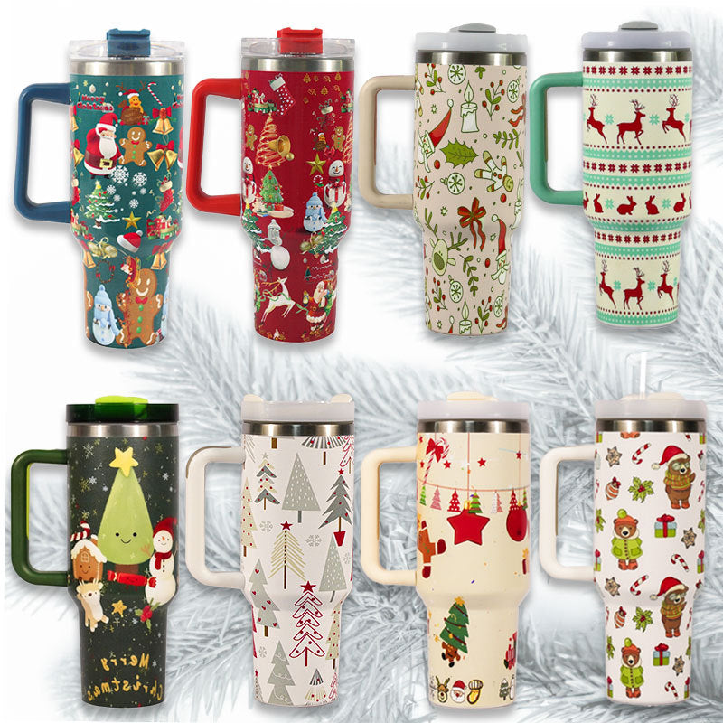 Taza de café de viaje para coche, de gran capacidad, de acero inoxidable, con pajita, tapa, asa, nueva, con diseño navideño