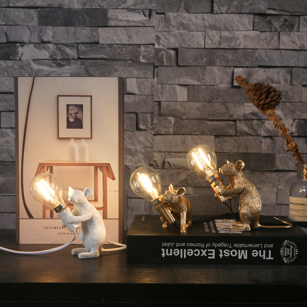 Lámpara de mesa creativa nórdica de resina con forma de ratón, luces nocturnas LED de escritorio, lámparas de escritorio pequeñas y mini con forma de rata