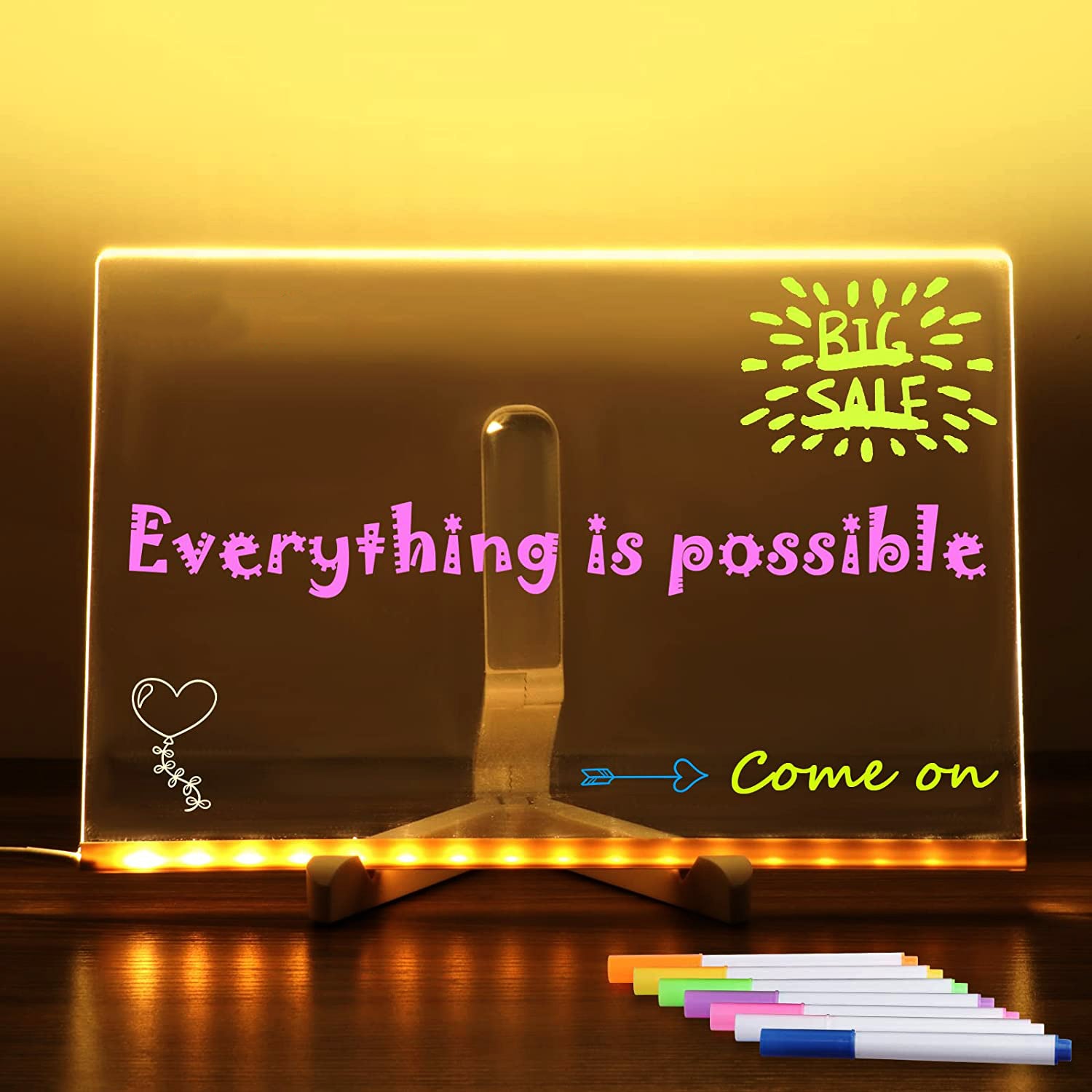 Lámpara de Noche LED con Tablero de Notas Acrílico DIY, Tablero de Mensajes Creativo, Lámpara de Vacaciones con 7 Bolígrafos, Lámpara de Escritorio LED USB, Lámpara de Pintura para Momentos Diarios