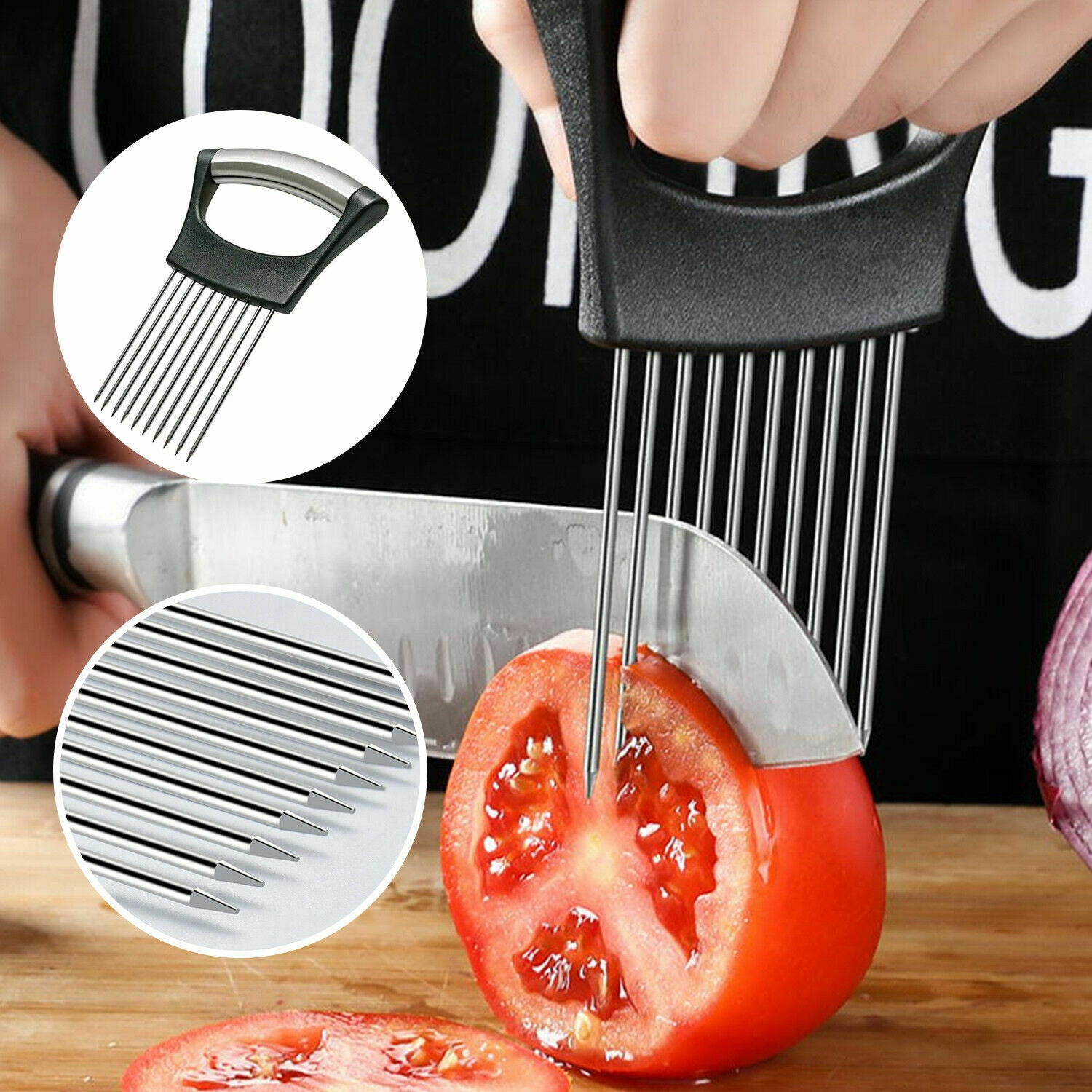 Asistente para rebanar alimentos - Sujetador de cebollas de acero inoxidable, rebanador de tomates antideslizante