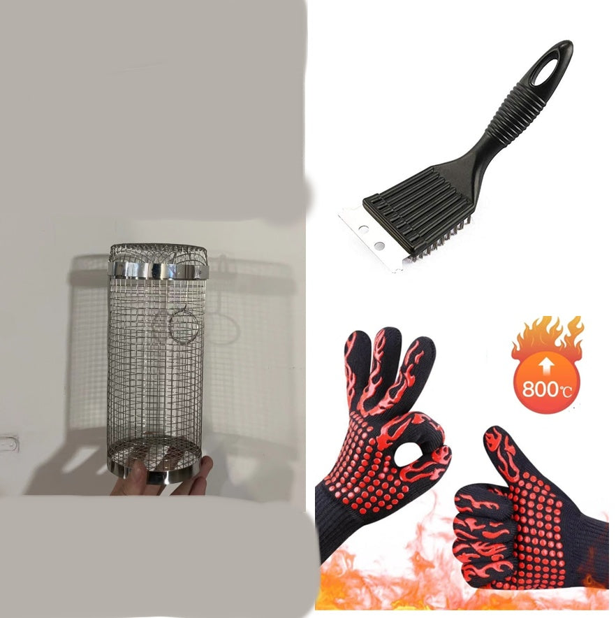 Cesta giratoria para asar, cesta de metal para barbacoa, red, parrilla portátil para camping al aire libre, accesorios de cocina