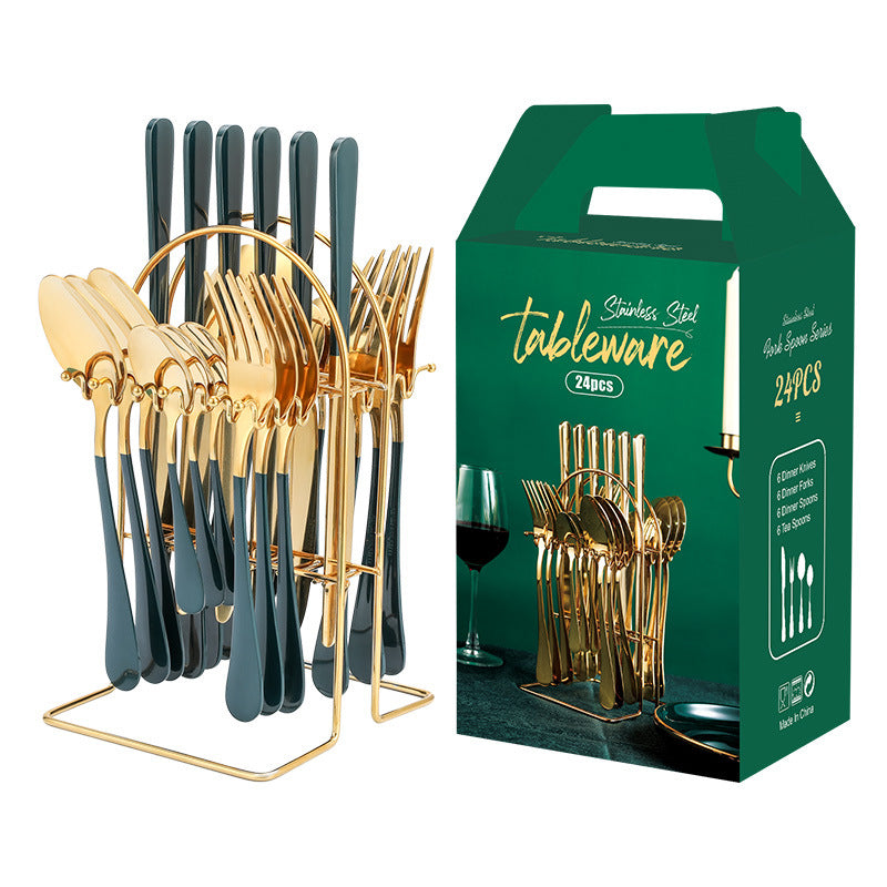 Juego de vajilla de oro, juego de cubiertos de acero inoxidable, cuchillo, tenedor, cuchara, juego de cubiertos de lujo con estante de almacenamiento, apto para lavavajillas.