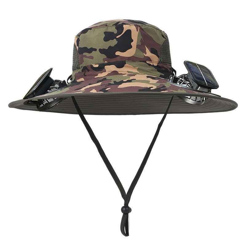 Sombrero de sol de ala ancha para exteriores con ventilador solar, sombrero de pesca para exteriores con ventilador solar de ala ancha, carga solar USB, sombrero ajustable alimentado por energía solar