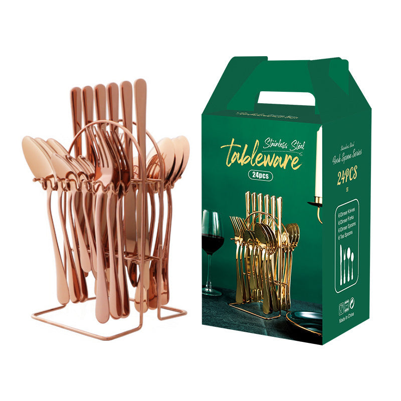 Juego de vajilla de oro, juego de cubiertos de acero inoxidable, cuchillo, tenedor, cuchara, juego de cubiertos de lujo con estante de almacenamiento, apto para lavavajillas.