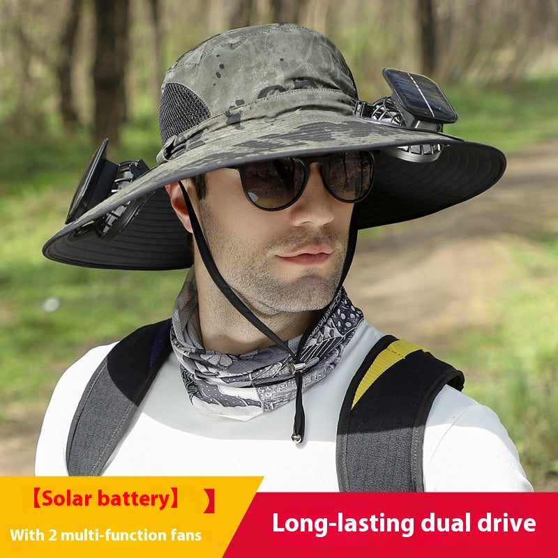 Sombrero de sol de ala ancha para exteriores con ventilador solar, sombrero de pesca para exteriores con ventilador solar de ala ancha, carga solar USB, sombrero ajustable alimentado por energía solar