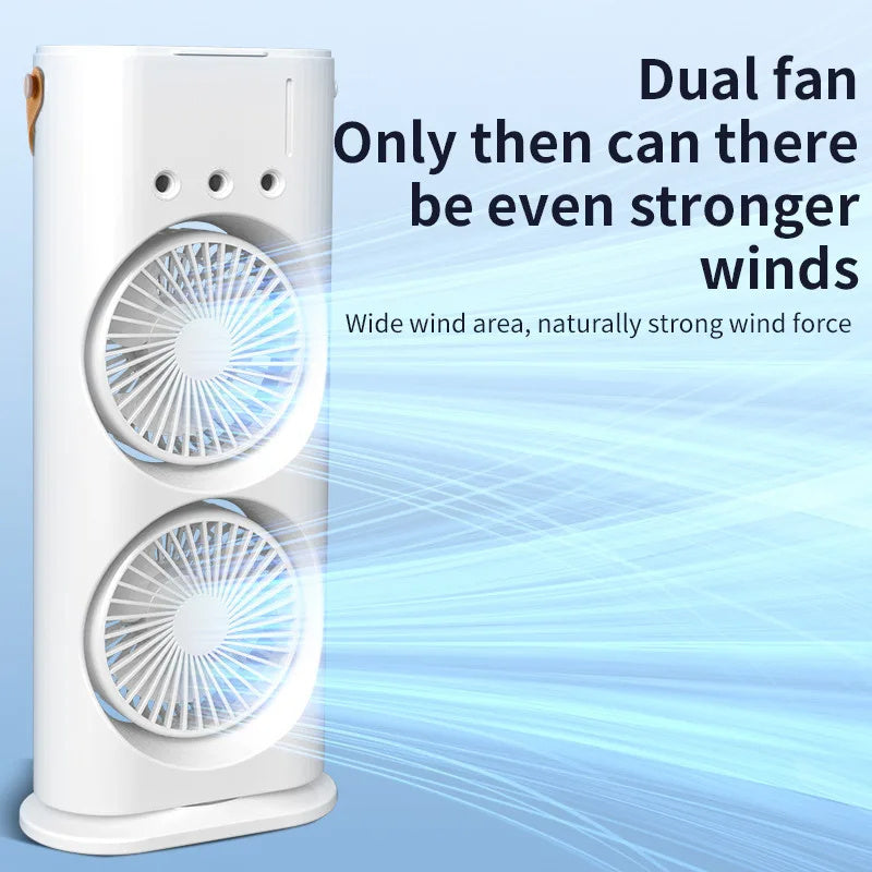Ventilador de doble cabezal con pulverizador, humidificador portátil, ventilador de aire acondicionado, pequeño enfriador de aire doméstico, ajuste de aire portátil por hidrorefrigeración