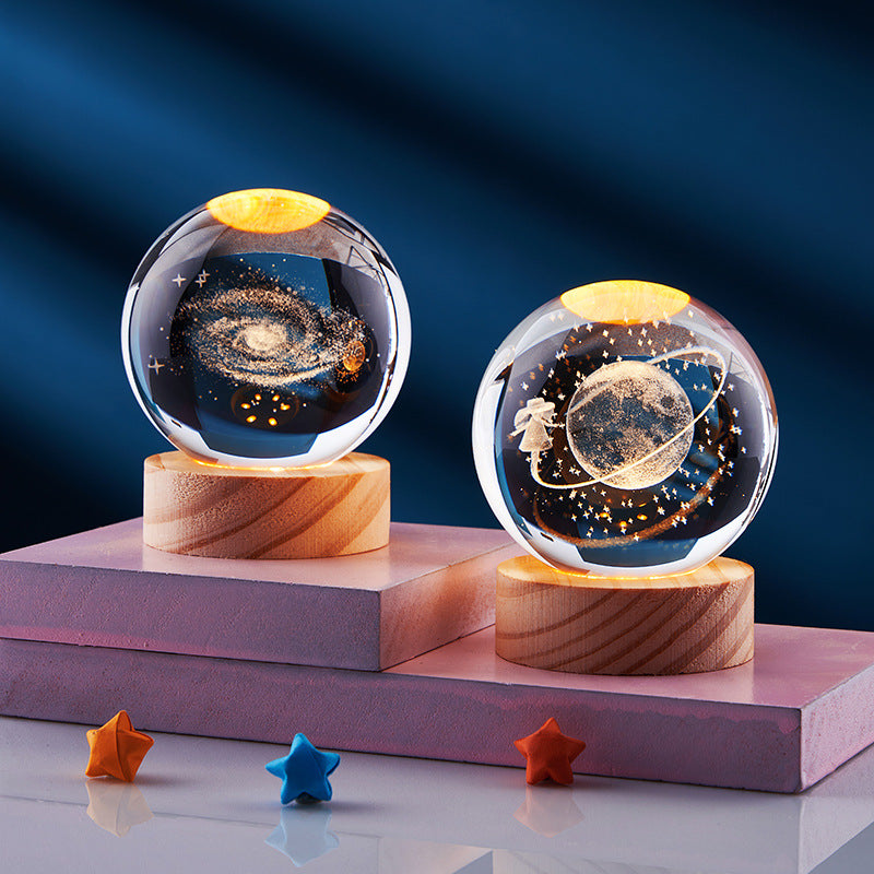 Lámpara de Noche Brillante del Sistema Solar Tallada en 3D Bola de Cristal, Lámpara de Cabecera Cálida, Regalo para Niños y Festivales