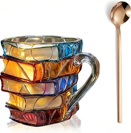 Taza de café apilable con diseño de libros pintados
