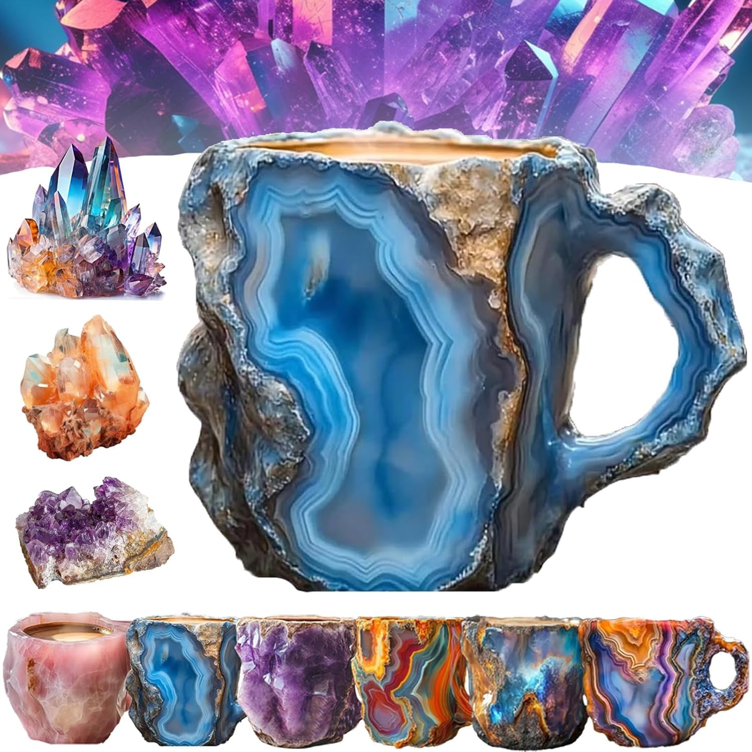 Tazas de café de resina con minerales y cristales de 400 ml con asas Elegante taza de imitación de mineral y cristal para decoración de oficina y hogar, regalo de Navidad, utensilios de cocina