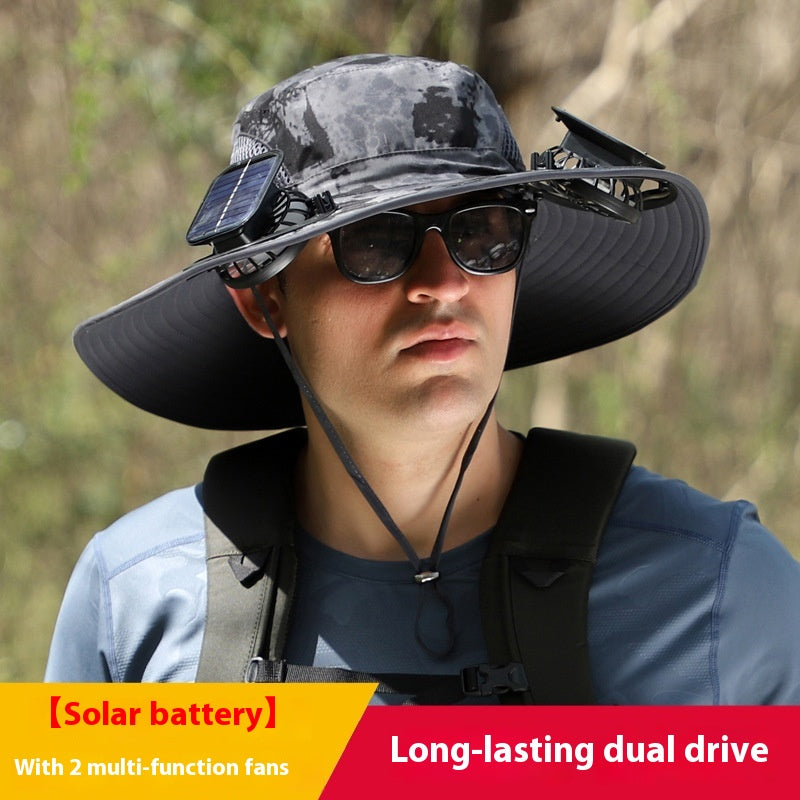 Sombrero de sol de ala ancha para exteriores con ventilador solar, sombrero de pesca para exteriores con ventilador solar de ala ancha, carga solar USB, sombrero ajustable alimentado por energía solar
