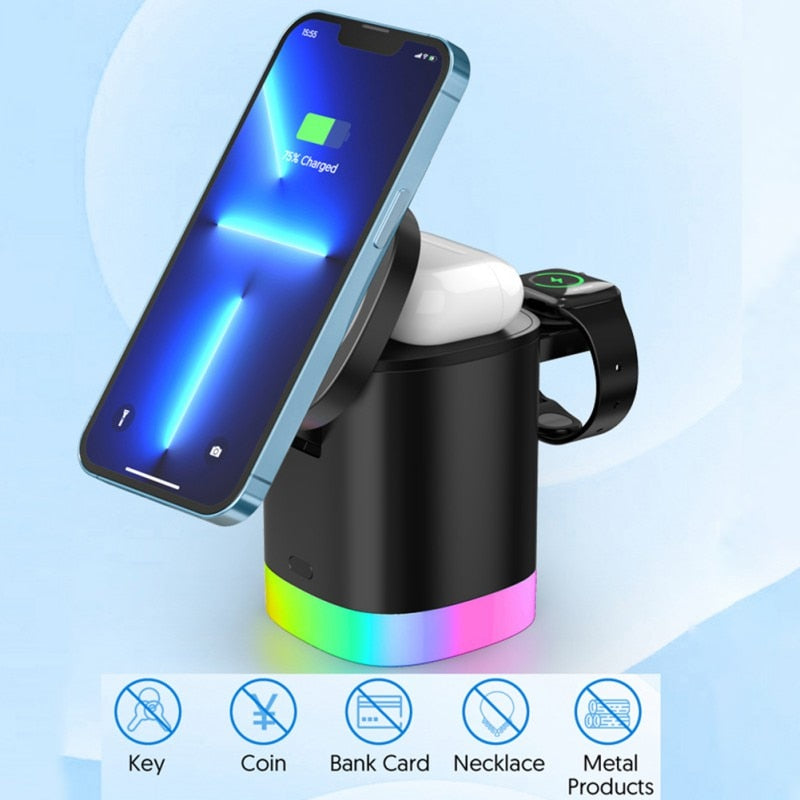 Cargador rápido inalámbrico magnético 3 en 1 para smartphone, estación de carga con luz ambiental RGB para AirPods y iWatch
