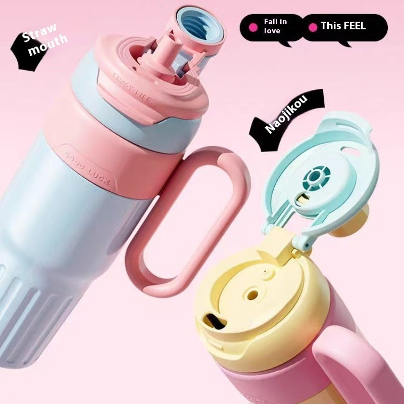 Taza térmica de doble bebida degradada de 780 ml de acero inoxidable con tapa, taza de café, termo, vaso de gran capacidad con pajita para hombre y mujer