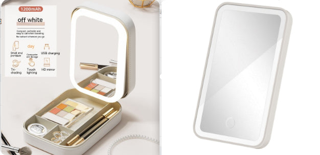 Caja de Almacenamiento de Maquillaje con Espejo de Luz LED, Caja Portátil de Almacenamiento de Cosméticos de Viaje, Organizador de Almacenamiento con Luz Táctil