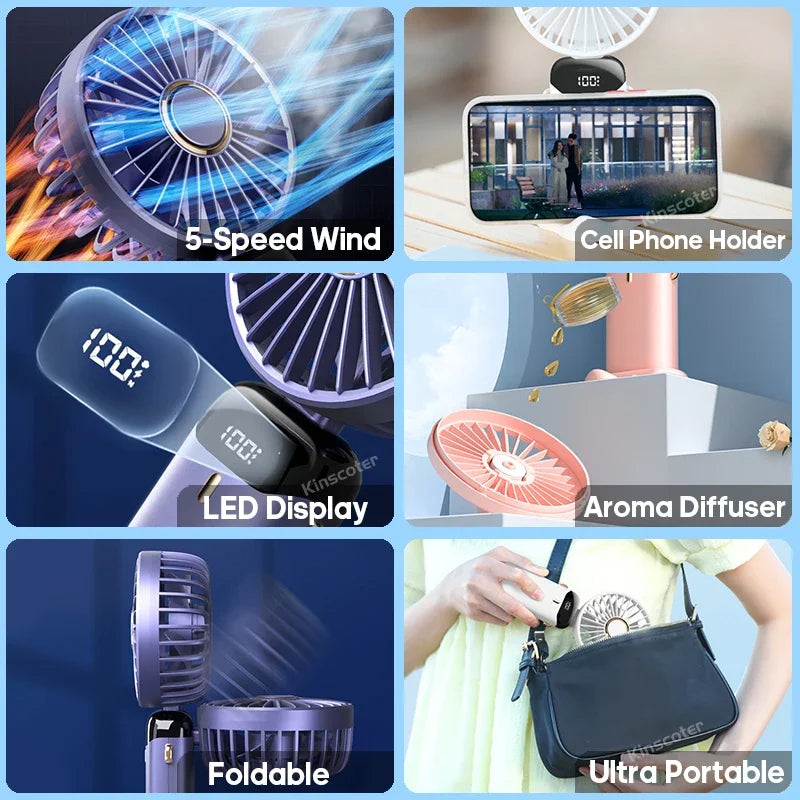 Mini Ventilador Eléctrico Portátil Recargable USB de Mano, Ventilador Plegable para Colgar al Cuello para Exteriores, Ajustable, 5 Velocidades, Potente Enfriador de Aire