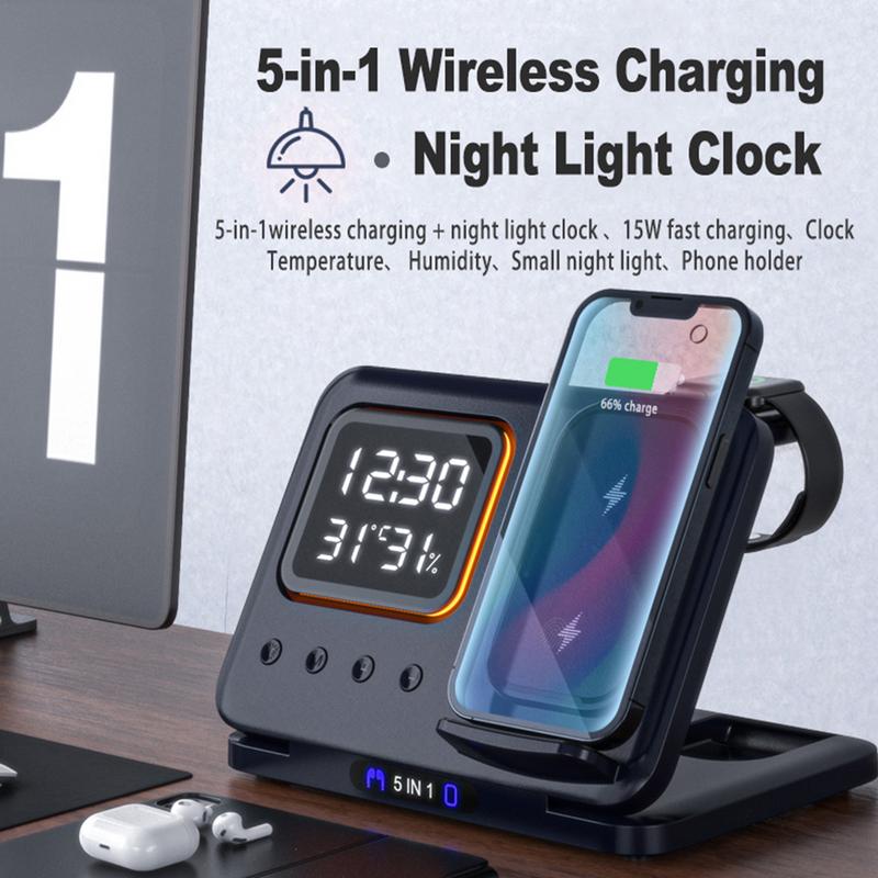 Soporte de cargadores inalámbricos de 15 W 5 en 1, reloj despertador digital LED, estación de carga rápida