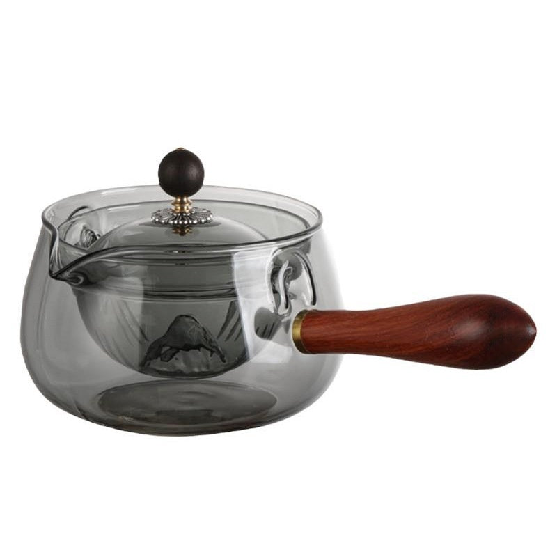 Tetera semiautomática de vidrio resistente al calor con infusor y mango de madera para hacer té, accesorios de oficina y hogar, utensilios de cocina